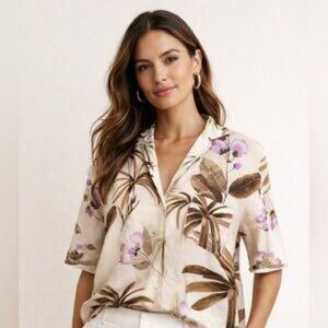 Vince Womens Blouse Floral Cream Short Sleeve Silk Sz. S